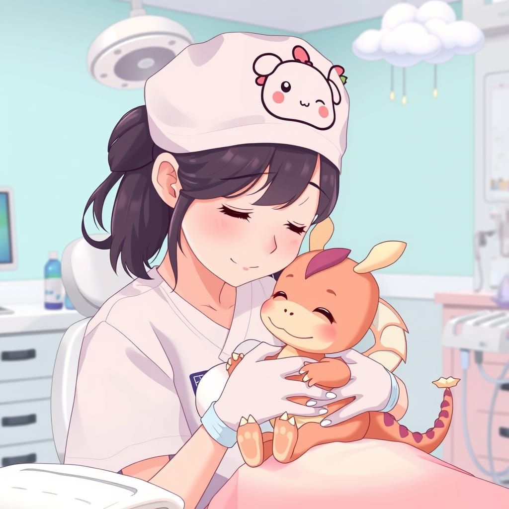 Anime-Style Pediatric Dental Scene with Nurse and Dragons