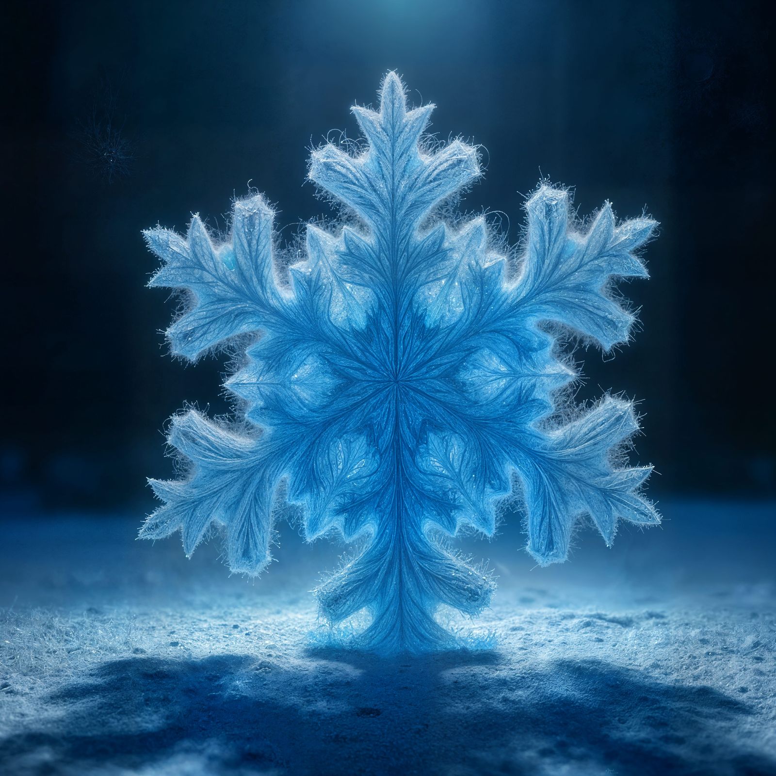 Surreal Blue Snowflake Sculpture With Dramatic Shadows