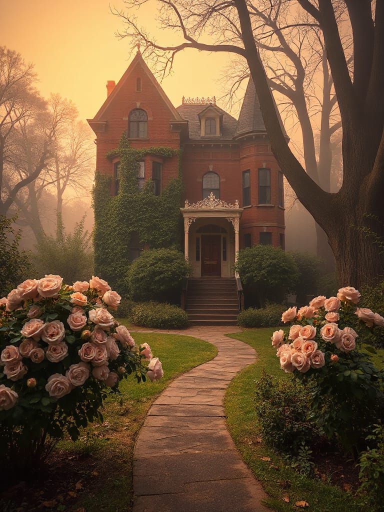 Majestic Victorian Mansion Amidst Foggy Garden