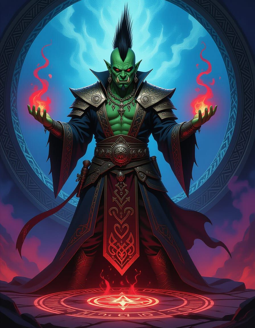 Orc Sorcerer Conjuring Magic, in a Dark Fantasy Style