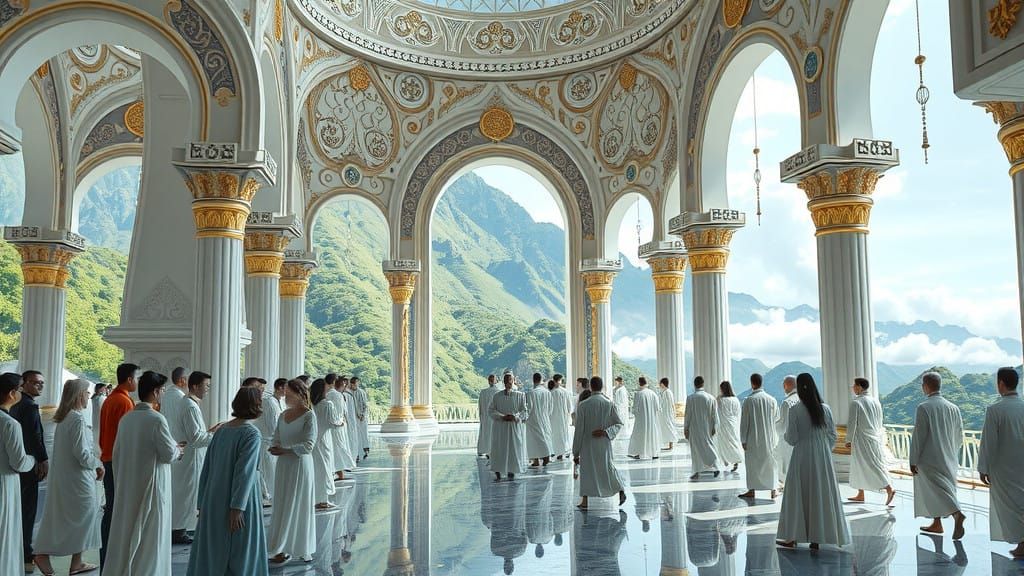 Futuristic White Temple Celebration in Vibrant Green Valley