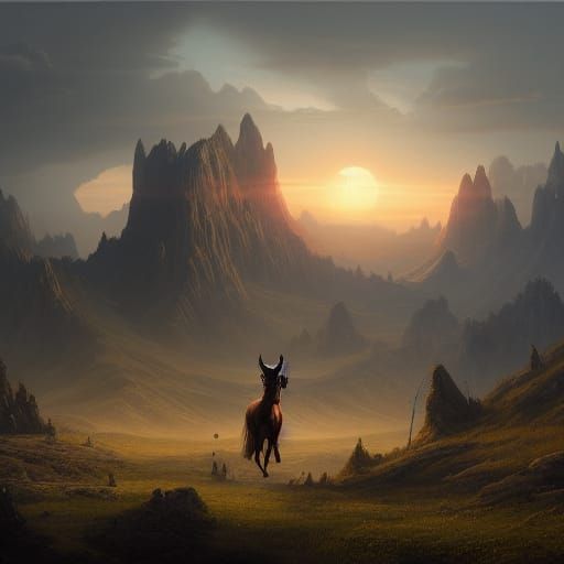 Impressive Centaur Overlooking Valley at Sunset