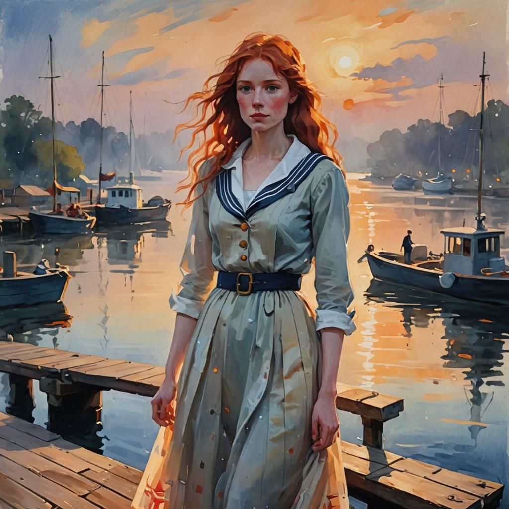 Impressionist Gouache: Red-Haired Woman on Dock