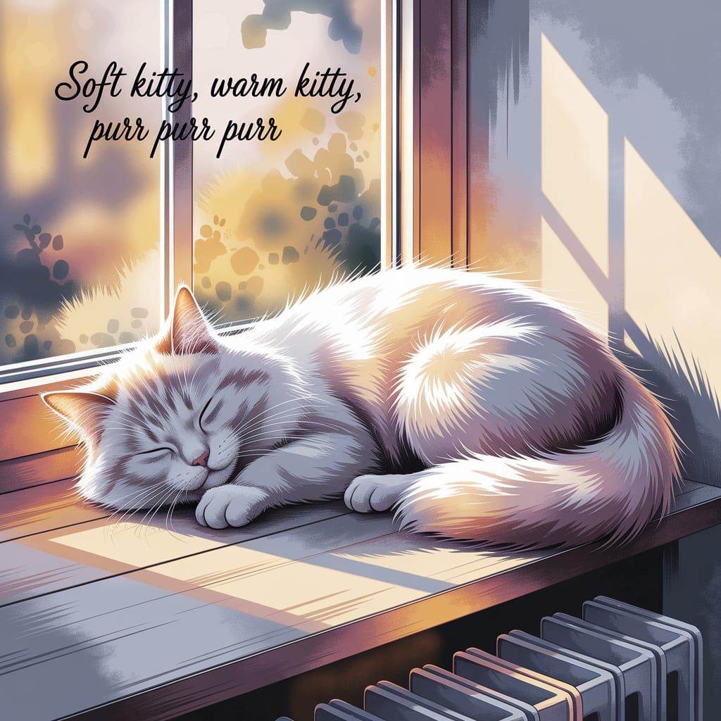 Peaceful Fluffy Cat in Warm Watercolor Scene