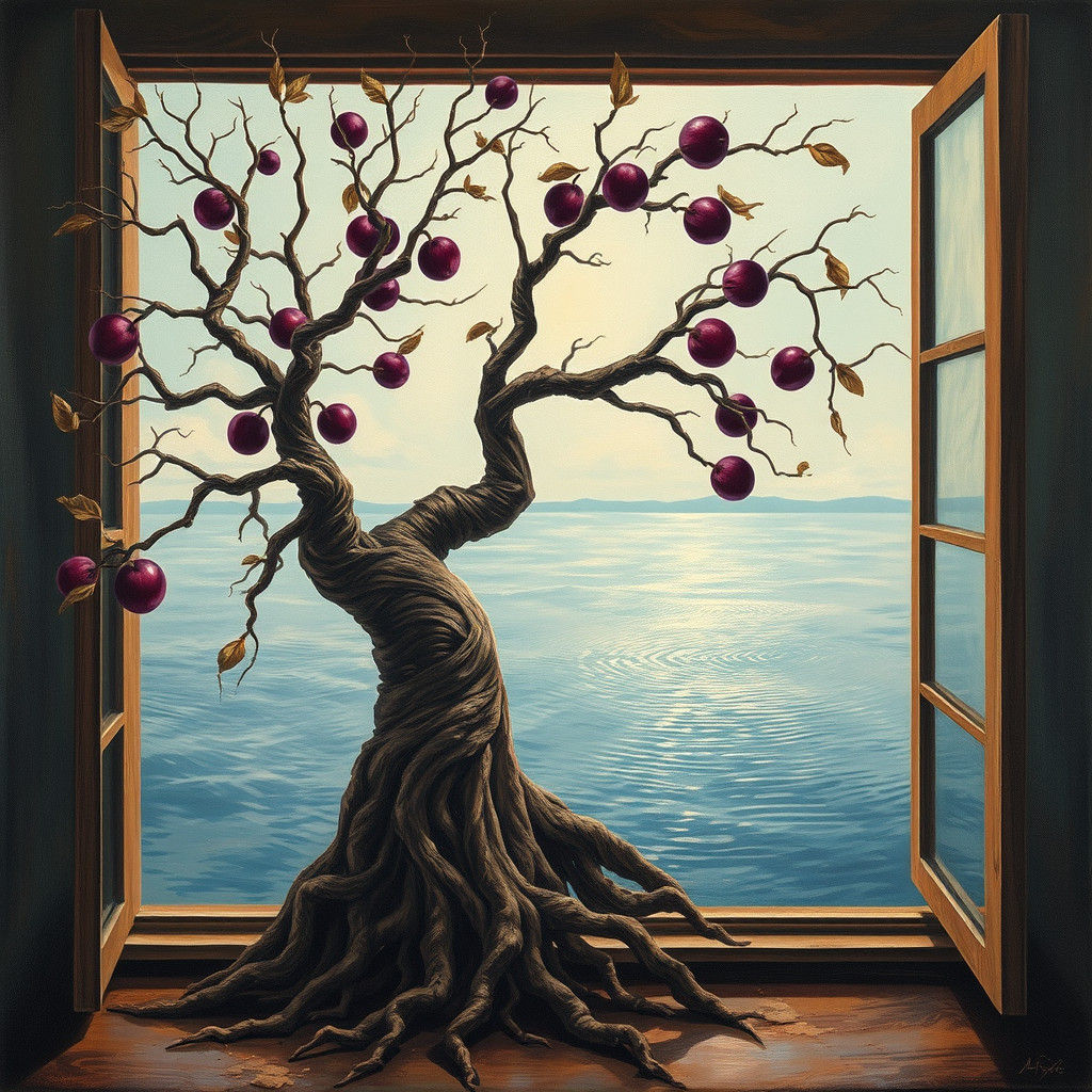 Surreal Plum Tree Outside a Window, Salvador Dali Style