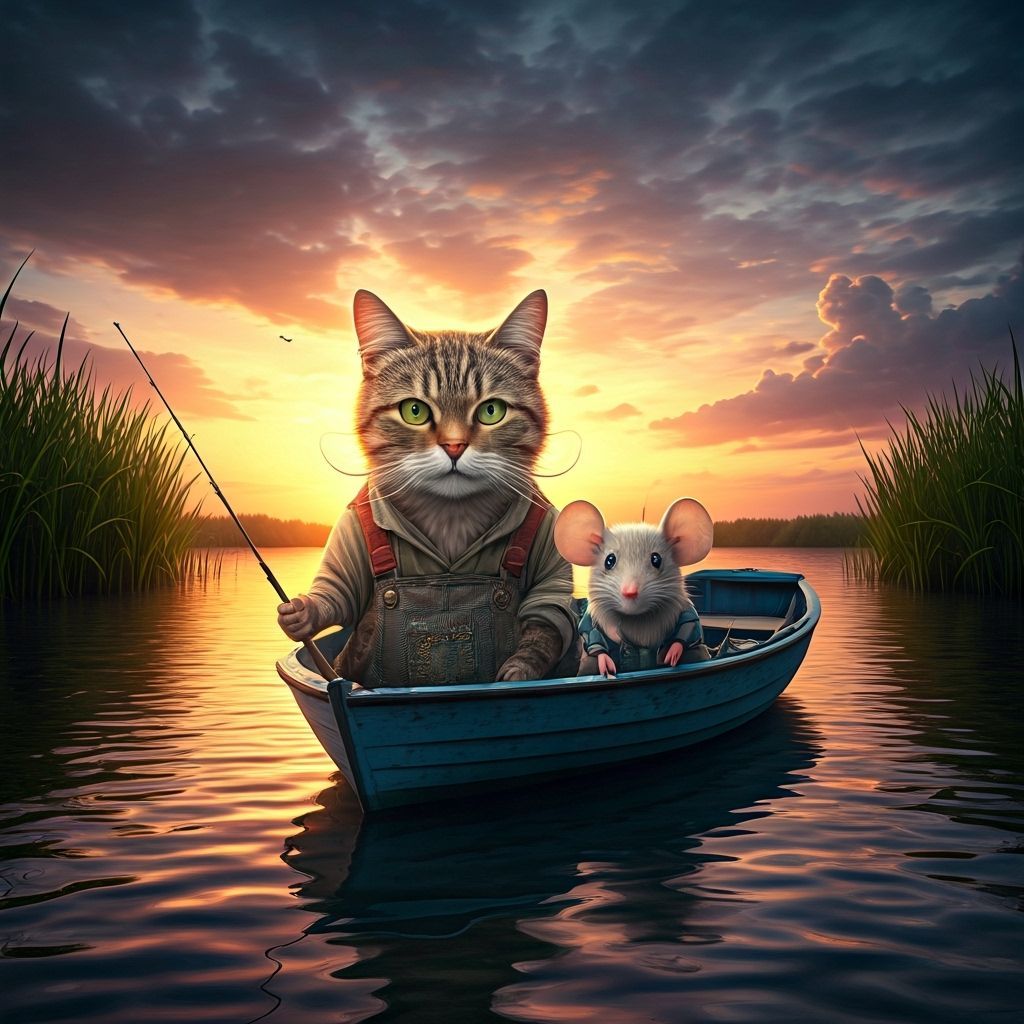 Old Cat and Mouse Friends in Sunrise Fishing Boat