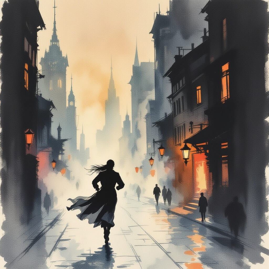 Figure in Dreamlike Cityscape, Ink Wash Painting Style