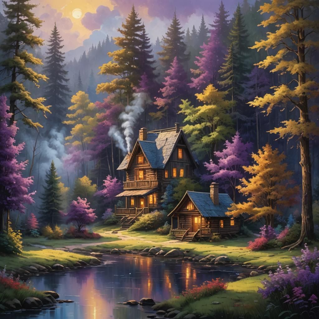Cabin in Woods: Golden Hour Oil Painting