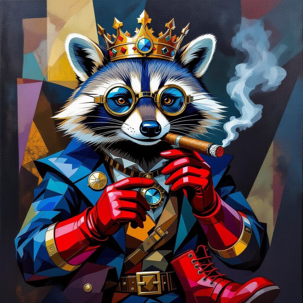 Steampunk Raccoon Smoking Cigar in Cubist Style