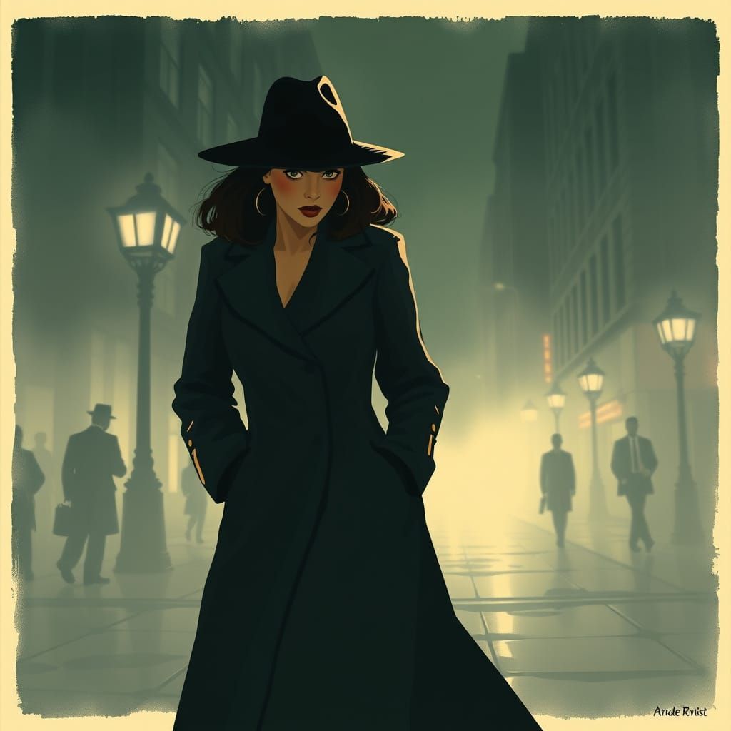 Girl Spy in 1940s City Street, Noir Style