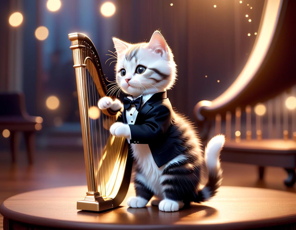 Kitten in Tuxedo Plays Harp: Pixar-Style 3D Animation