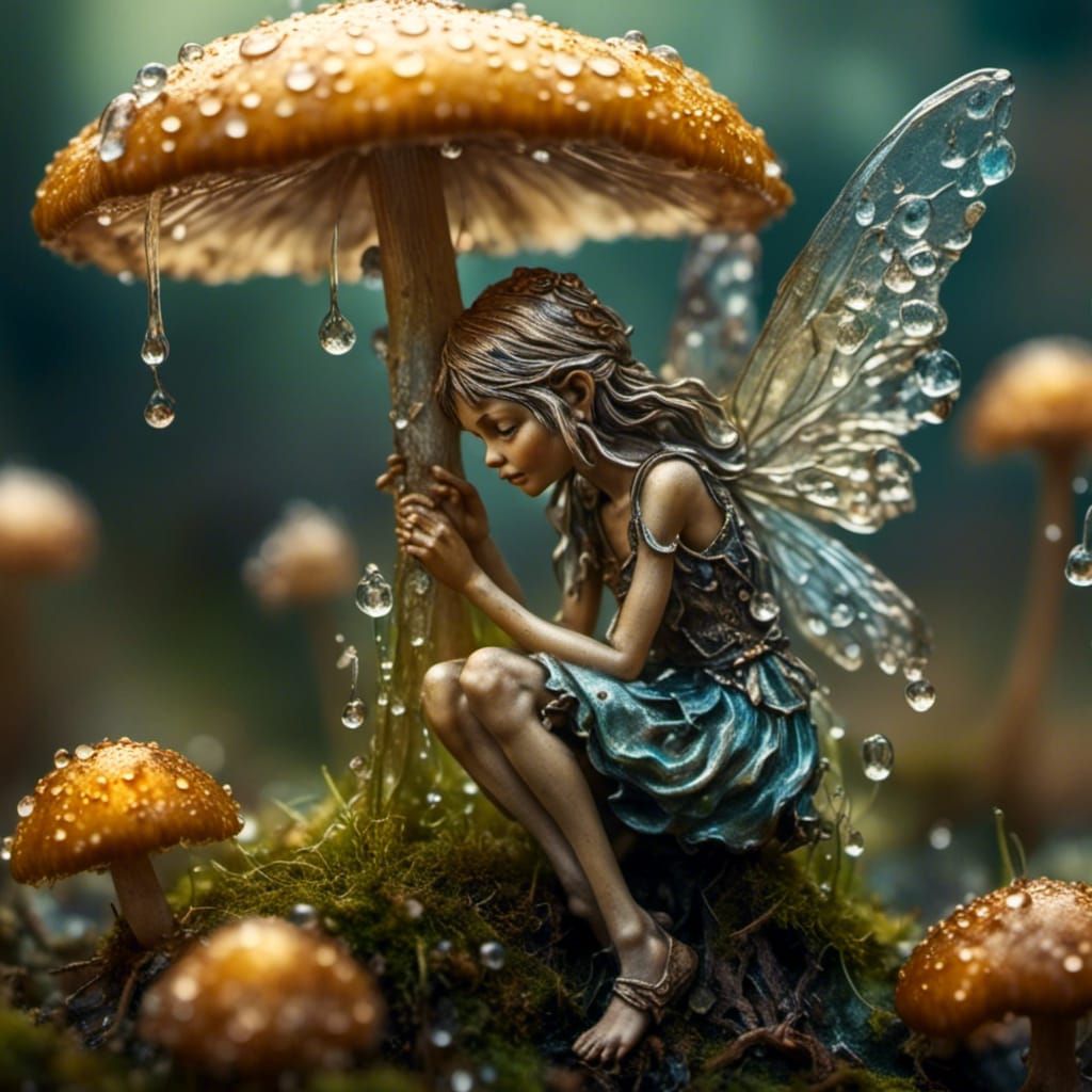 Enchanting Fairy on Mushroom in Macro Oil Painting