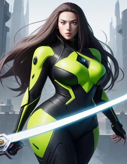 Futuristic Lady with Sword and Multiple Personalities