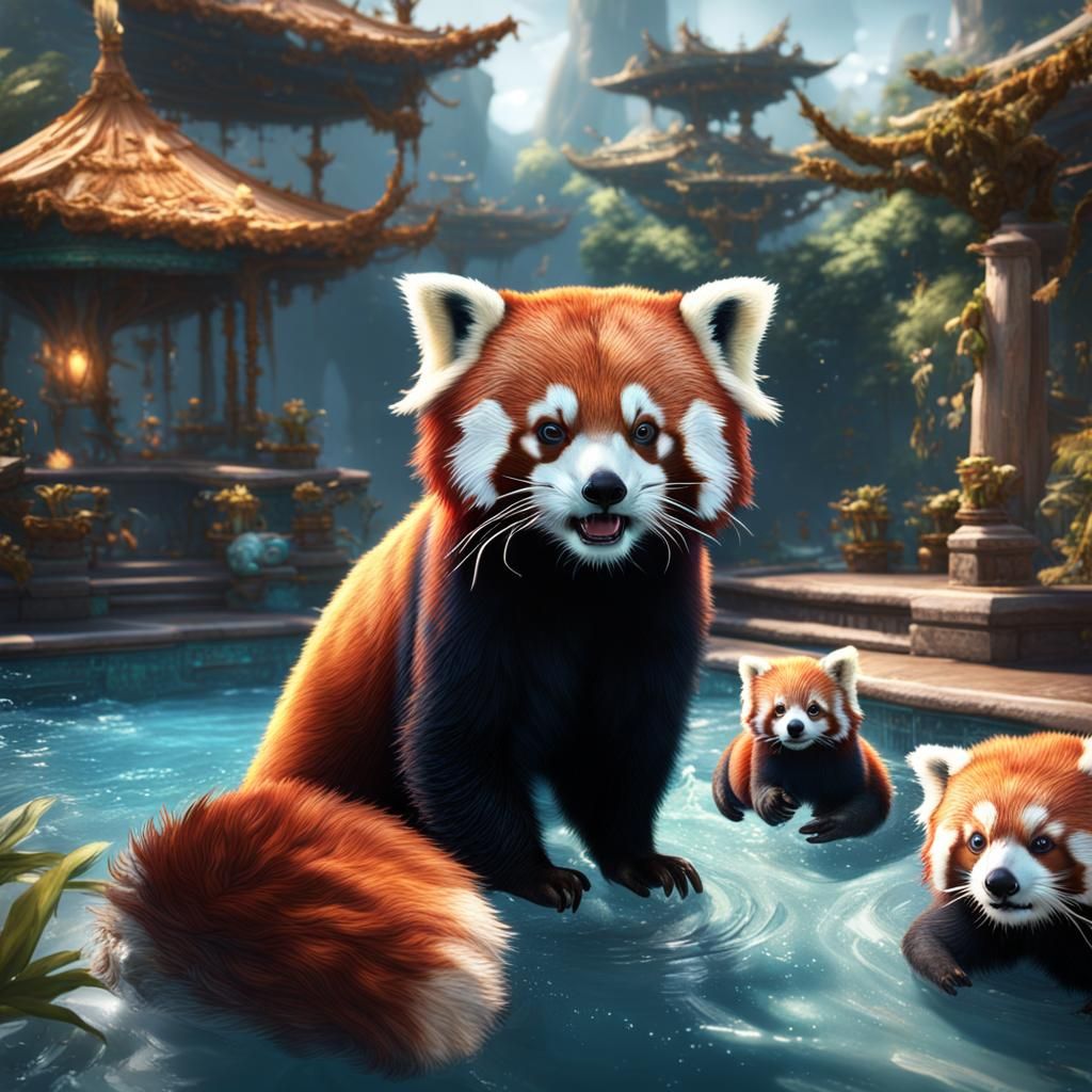 Red Panda's Fantastical Pool Party in Detailed Matte Paintin...