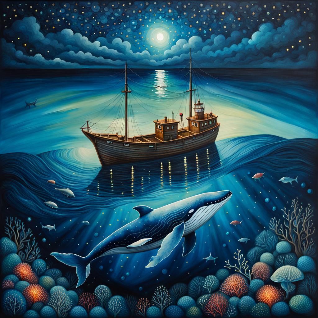 Whale and Fishing Boat Oil Painting at Night