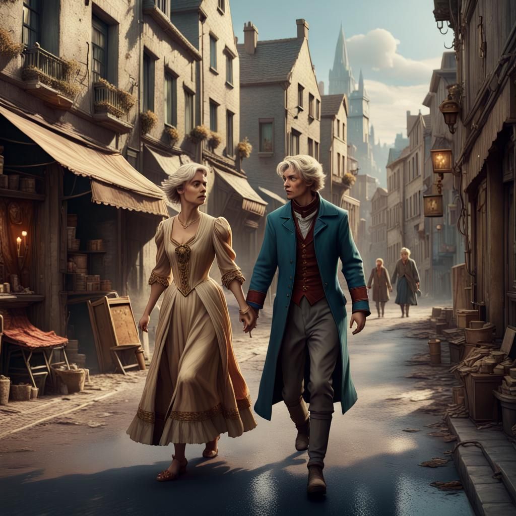 Blonde Woman and Young Man in Detailed Painting