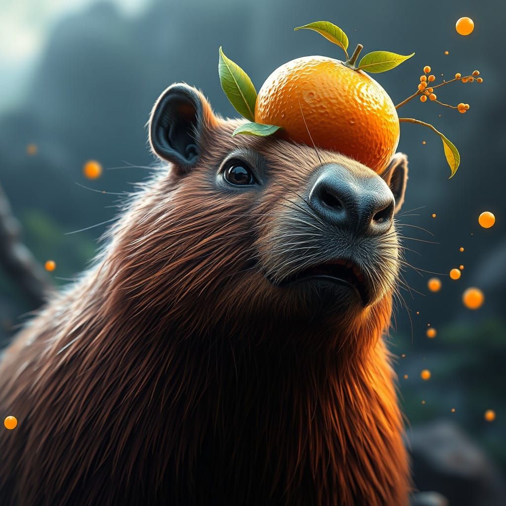 Fantastical Capybara with Vibrant Orange Fruit