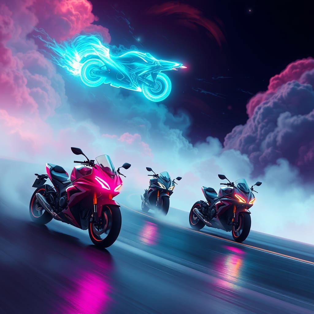 Futuristic Motorcycle Race in Dreamlike Sci-Fi Style