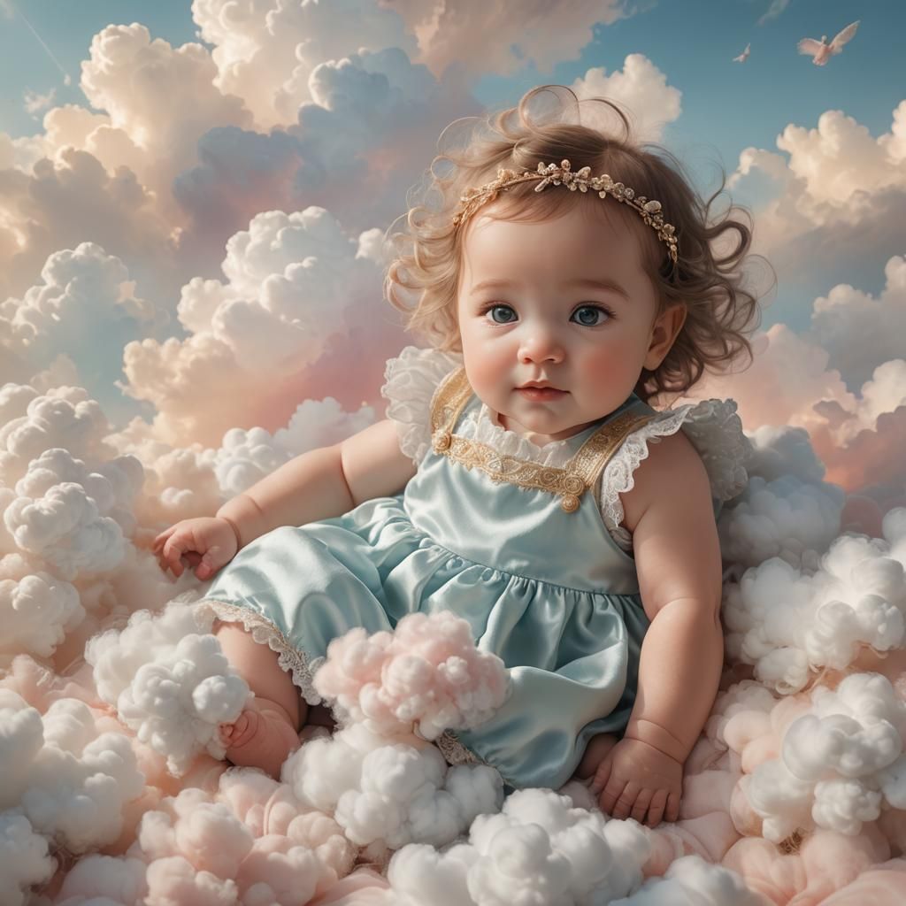 Baby Girl Crawling on Cloud in Pastel Colors