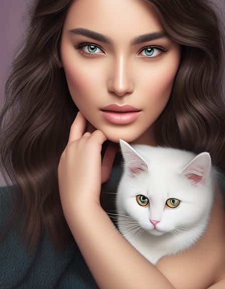 Beautiful Woman with Cat in Watercolor Style