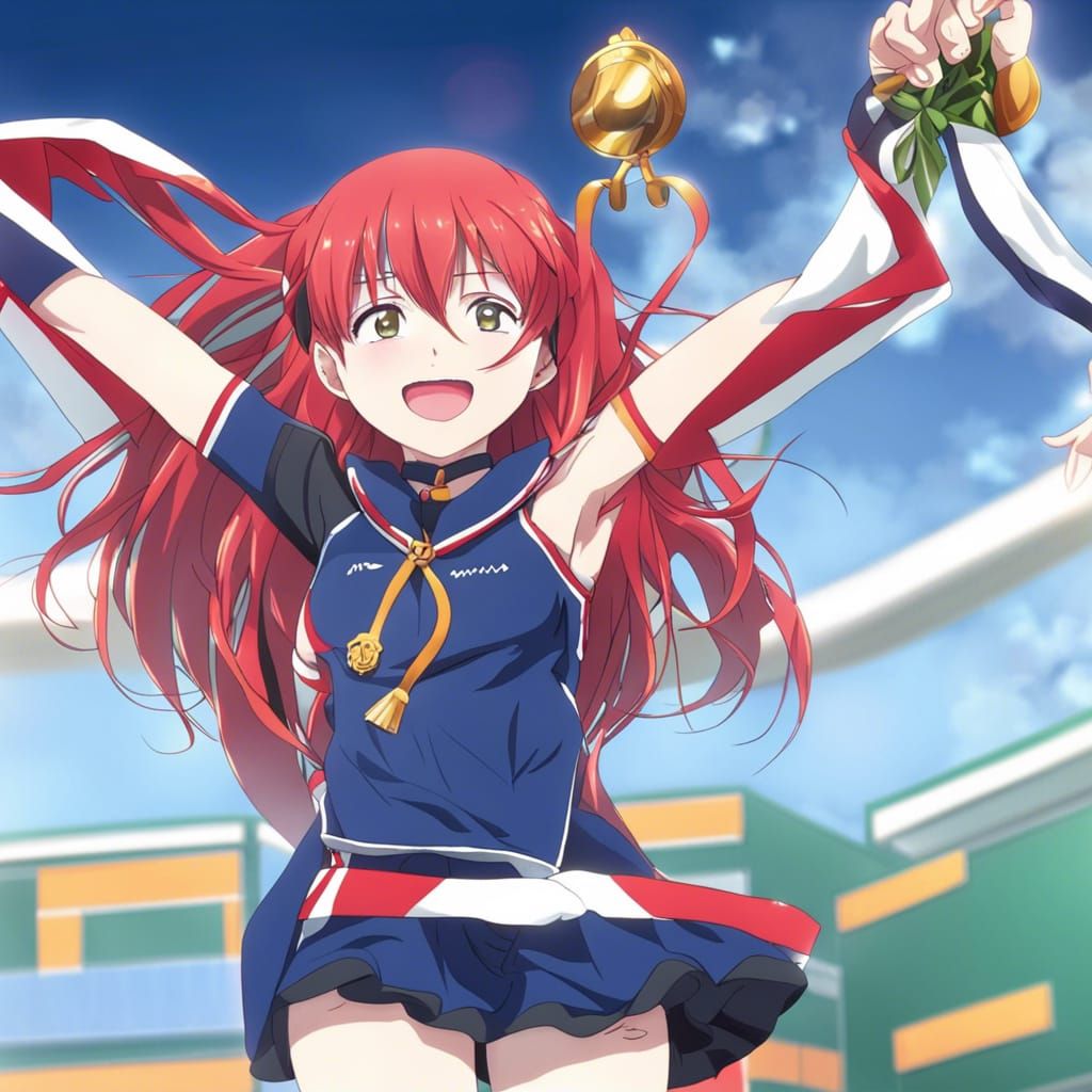 Red-Haired Girl Victorious: Anime-Style Podium Scene