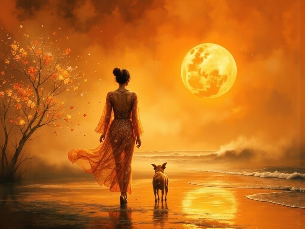 Woman on Beach at Sunset in Art Nouveau Style