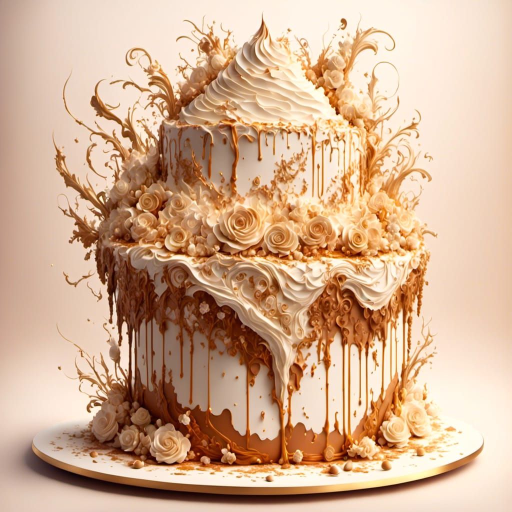 Intricate Whipped Cream and Caramel Cake