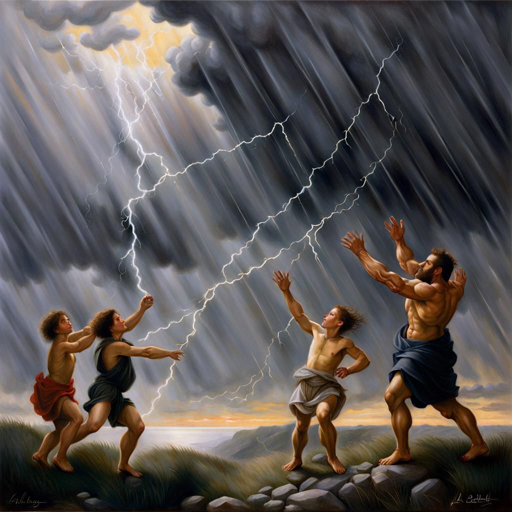 Giants Playing Catch in Thunderstorm, Mythological Oil Paint...