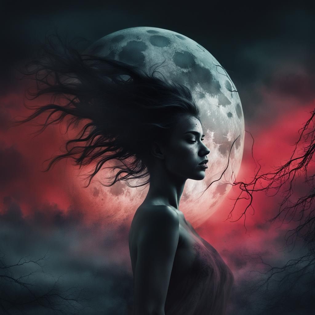 Dark Surreal: Tortured Woman Under Black Moon