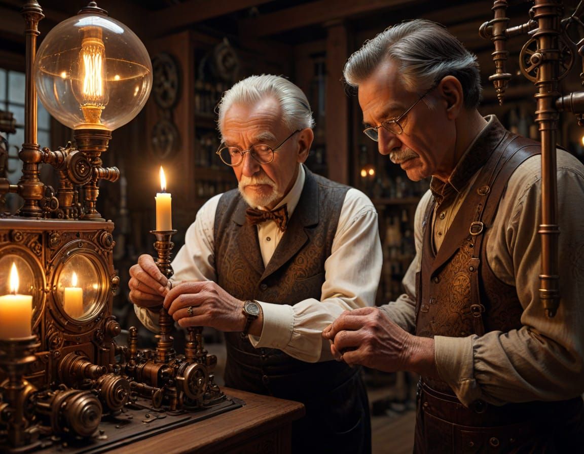 Steampunk Inventor Adjusts Glowing Valve on Mahogany Contrap...