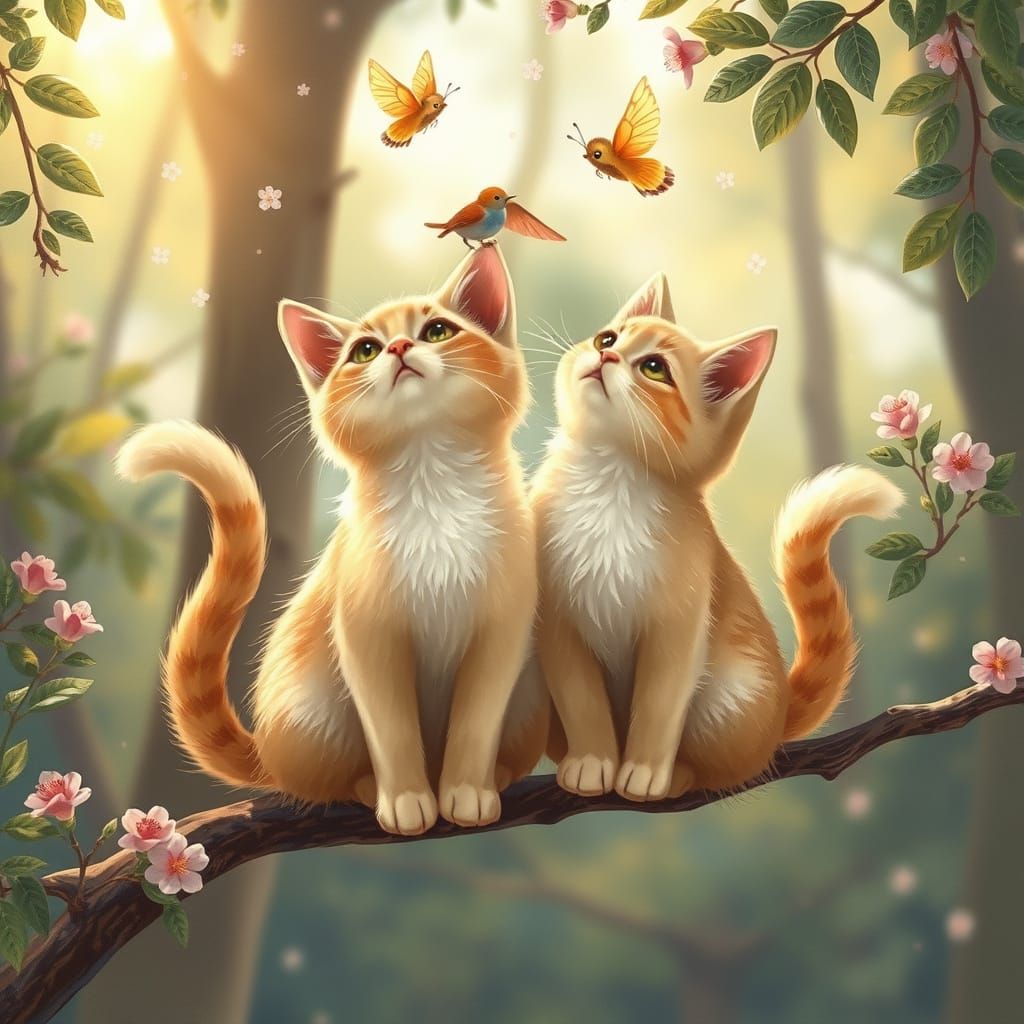 Whimsical Forest Cats in a Tender Moment