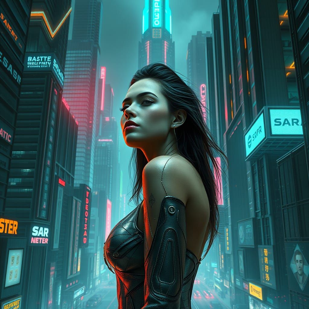 Cyberpunk Lady in Neon Cityscape