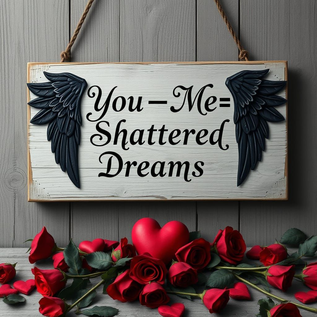 Worn Wooden Sign with Shattered Dreams and Black Angel Wings