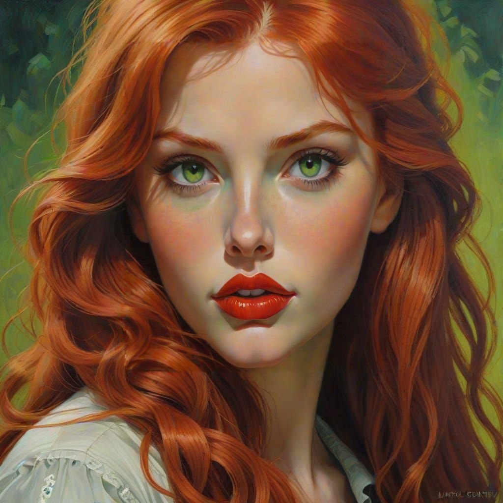Retro Portrait of a Red-Haired Woman as Oil Painting