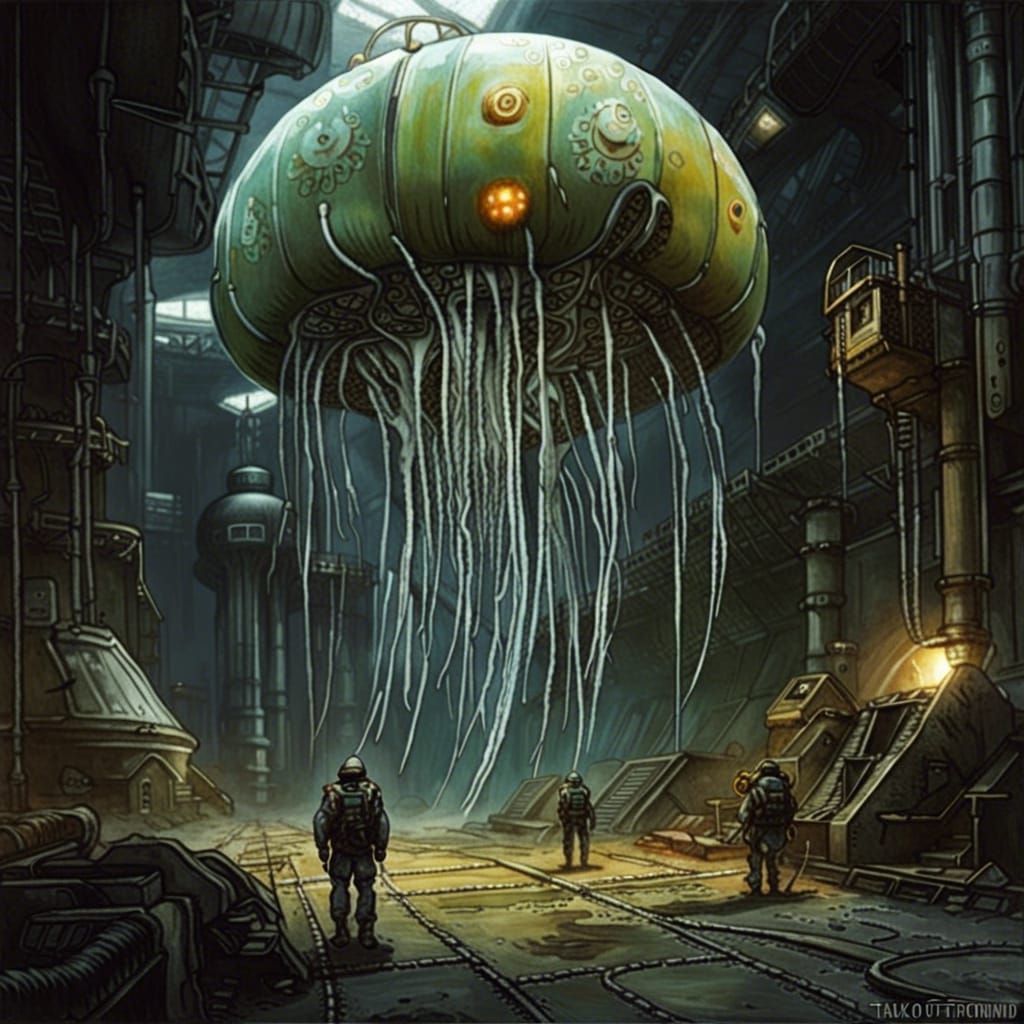 Cybernetic Jellyfish Patrols Abandoned Refinery: Sci-Fi Art