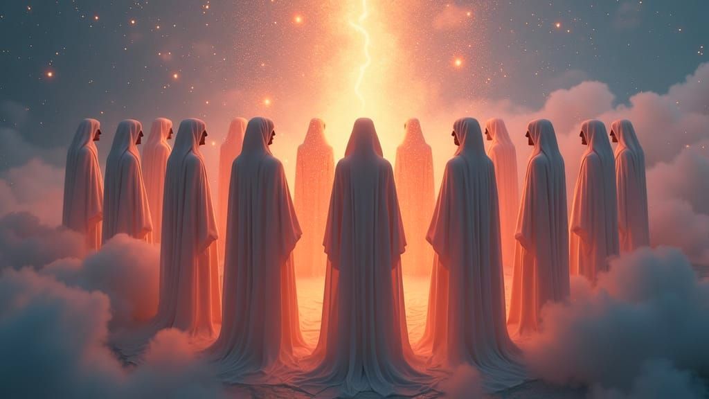 Enlightened Beings Connected by Light in Ethereal Landscape