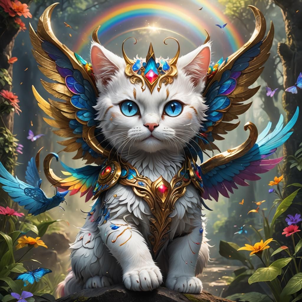 Rainbow Winged Cat with Golden Horn, Detailed Digital Art