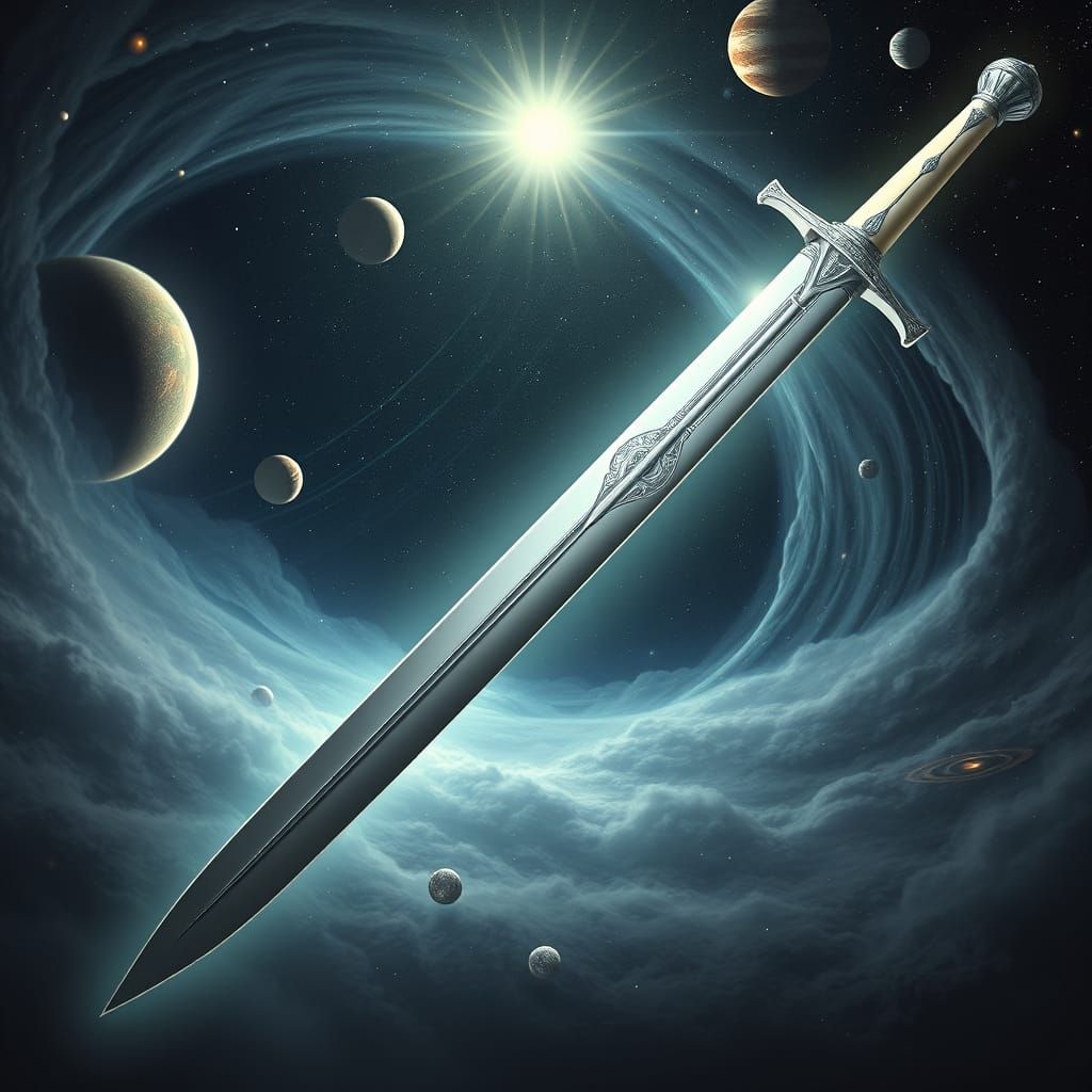 Elegant Sword Floating in Space, Hyperrealistic Rendering
