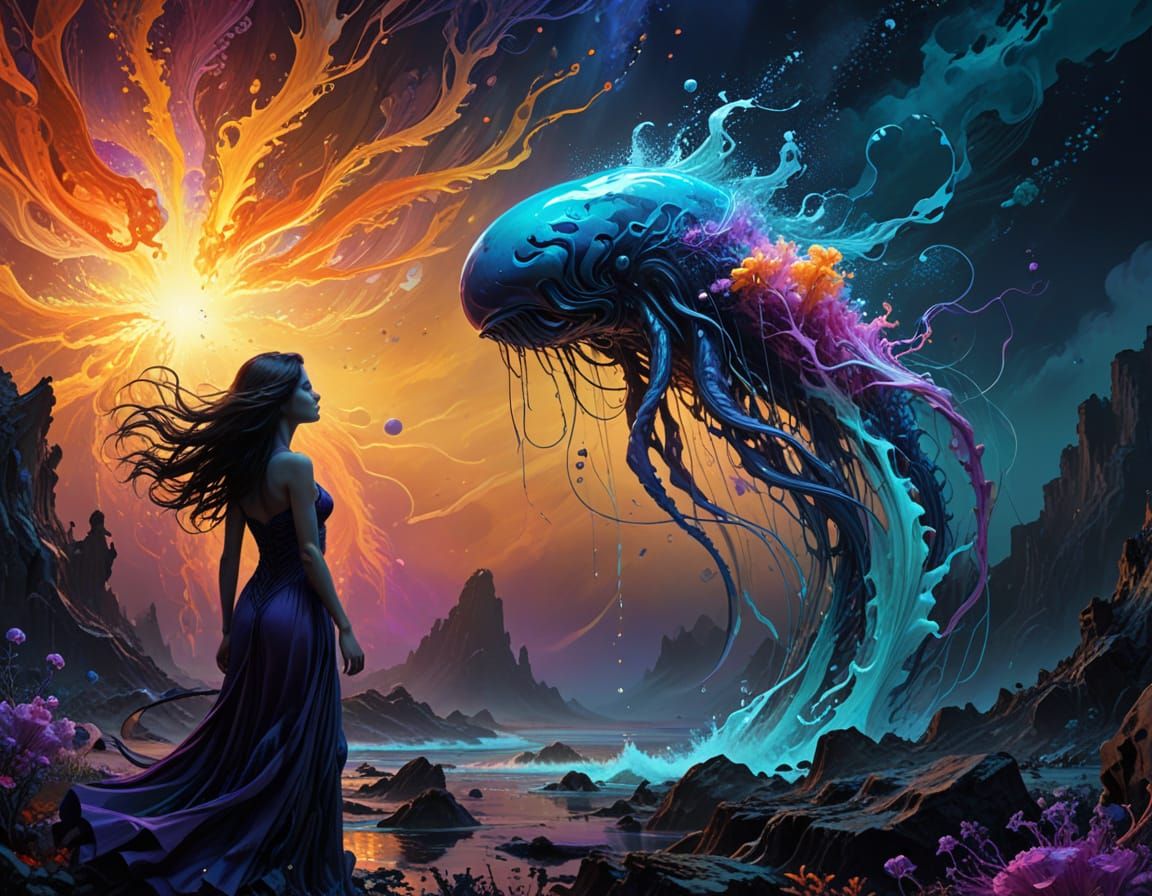 Alien World Encounter: Woman Gazes at Bioluminescent Jellywh...