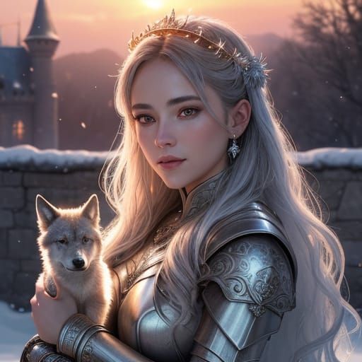 Winter Enchantress Surrounded by Wolves in a Magical Kingdom
