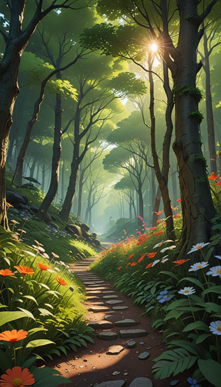 Serene Forest Sunset with Vibrant Flowers in Anime Style