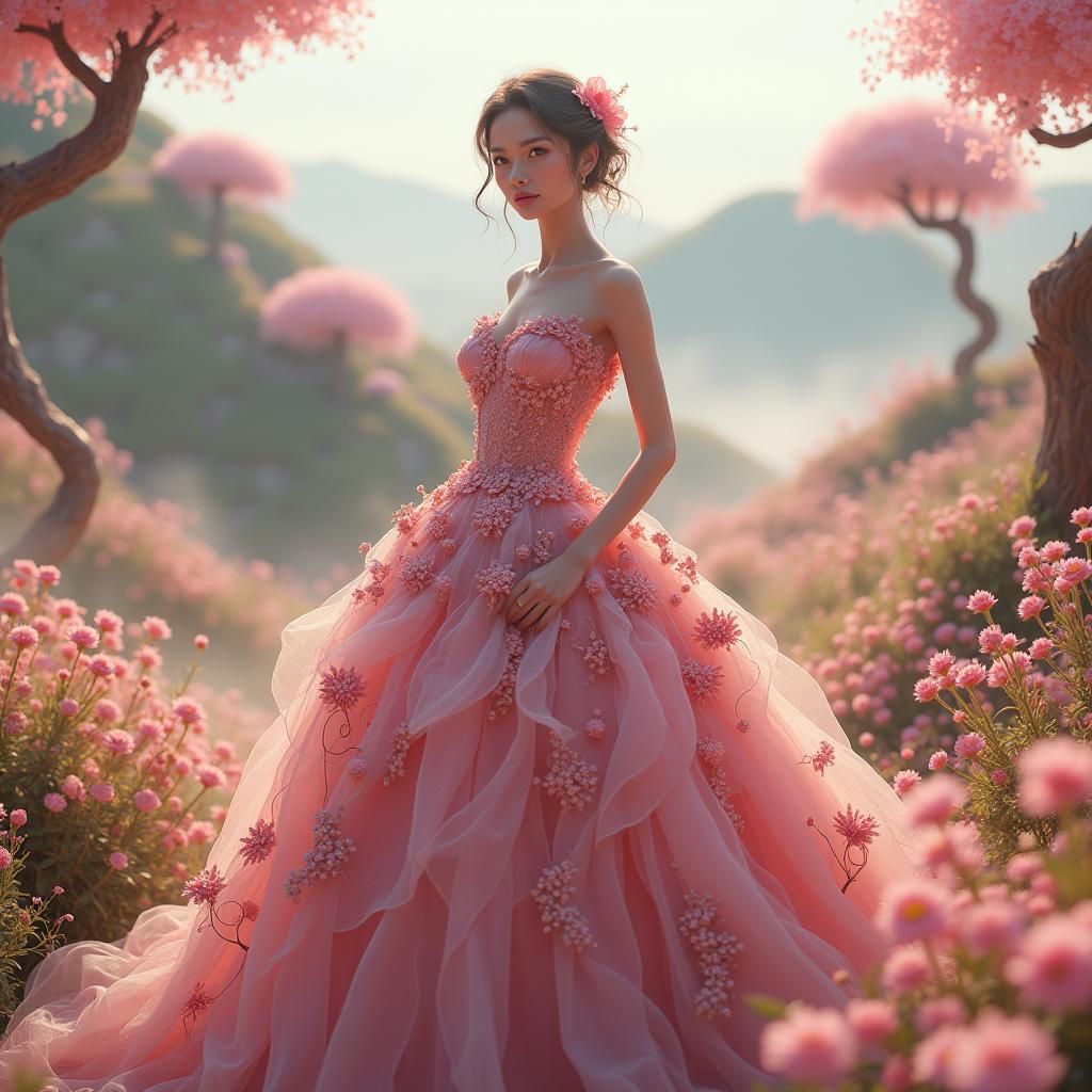 Woman in Pink Pickle Dress in Dreamlike Landscape