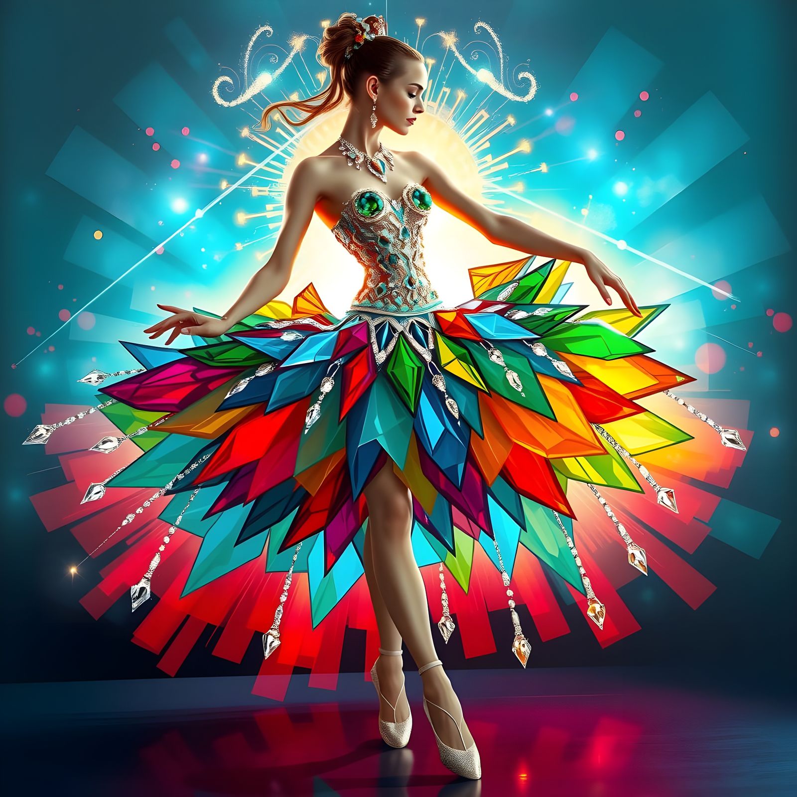 Ballerina in Stained Glass Tutu, Shimmering with Colours
