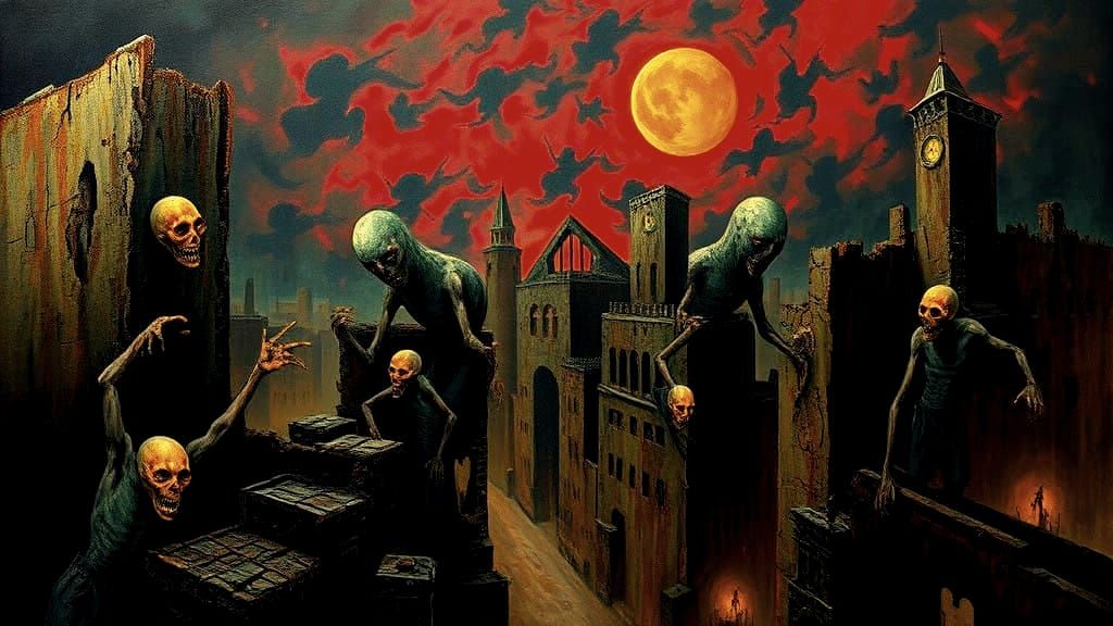 Surrealist Cityscape in Oil on Canvas with Thick Brushstroke...