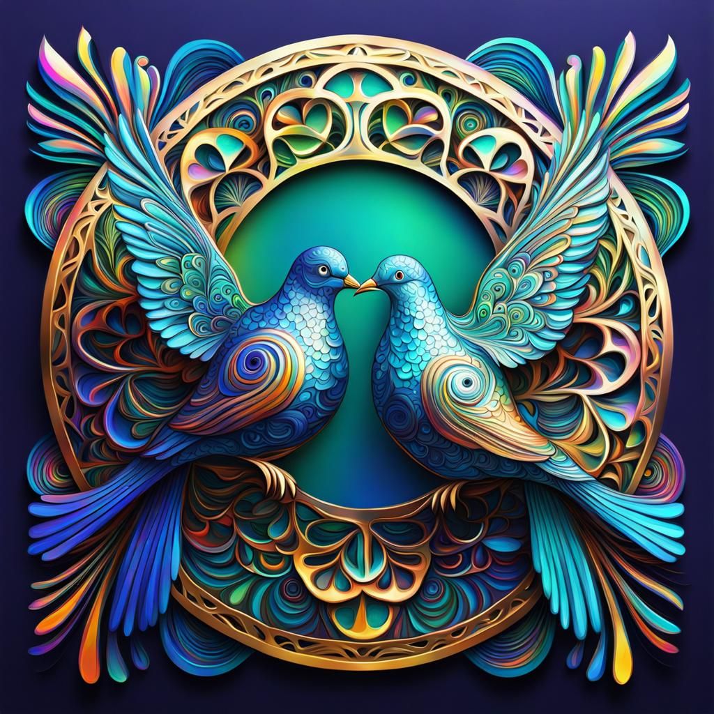Psychedelic Peace Doves in Metallic Oil Paint Style