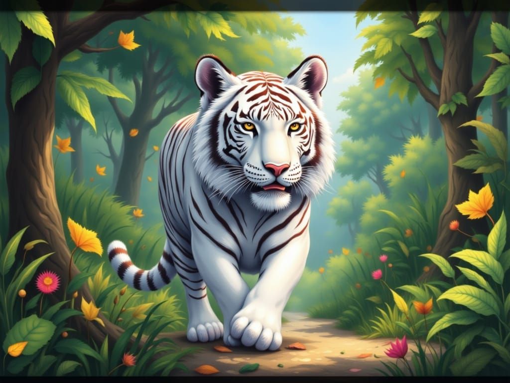 Animated White Tiger Walking Through Jungle in Anime Style