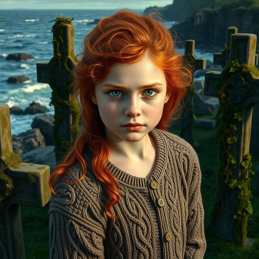 Irish Girl Stands Amidst Celtic Crosses in Weathered Graveya...
