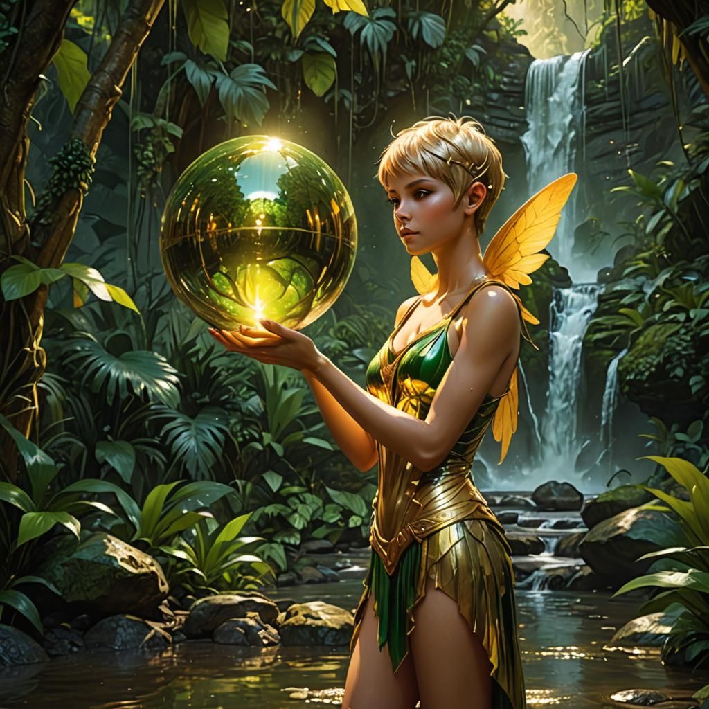 Golden Pixie with Orb Near Waterfall