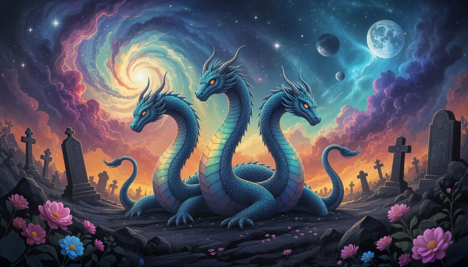 Ethereal Three-Headed Hydra in Cosmic Graveyard
