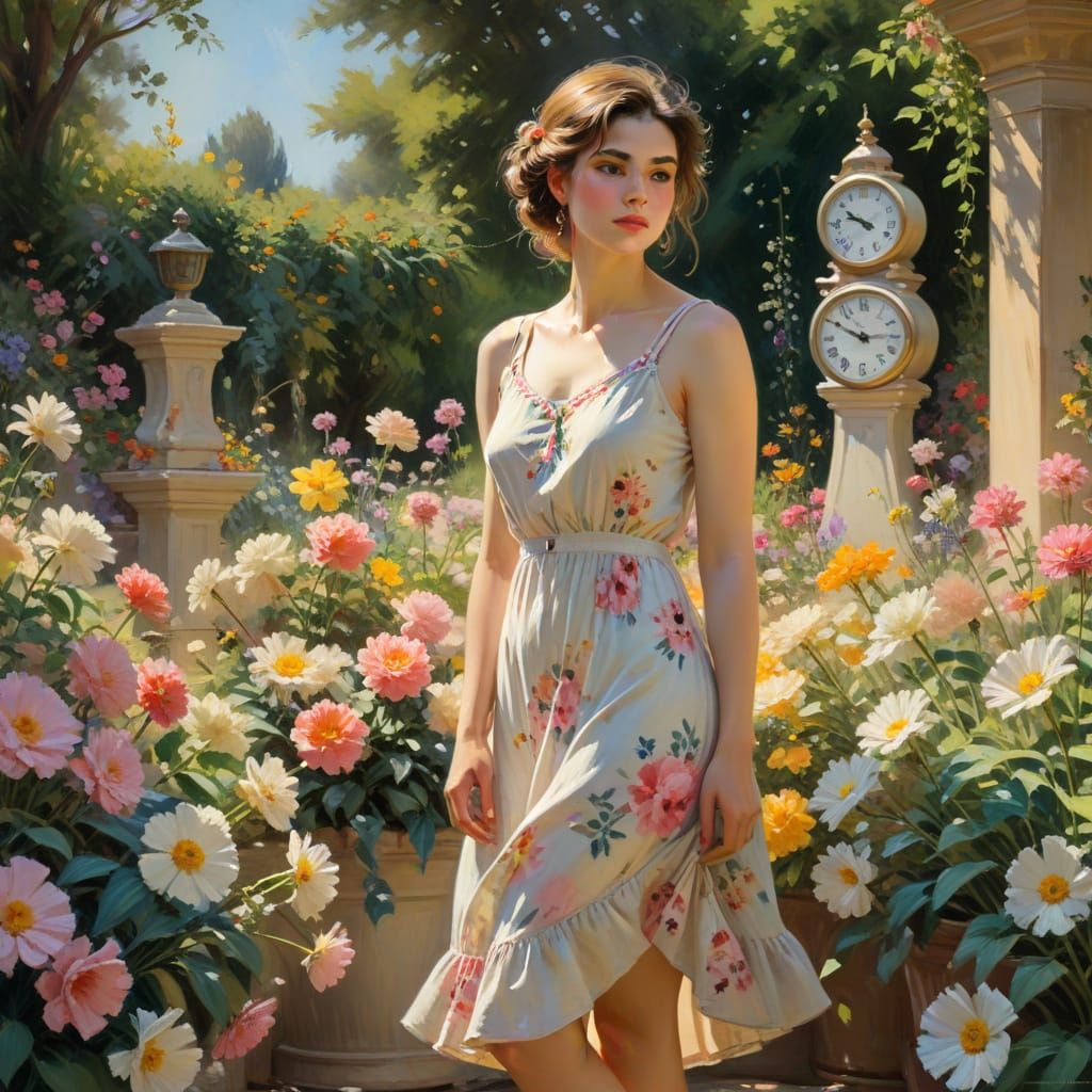 Serene Woman in a Sunlit Garden, Inspired by Pino Daeni